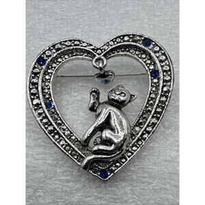 Vintage Signed AAI Cat in Heart Brooch Pin Kitten Blue Rhinestones Silver Tone